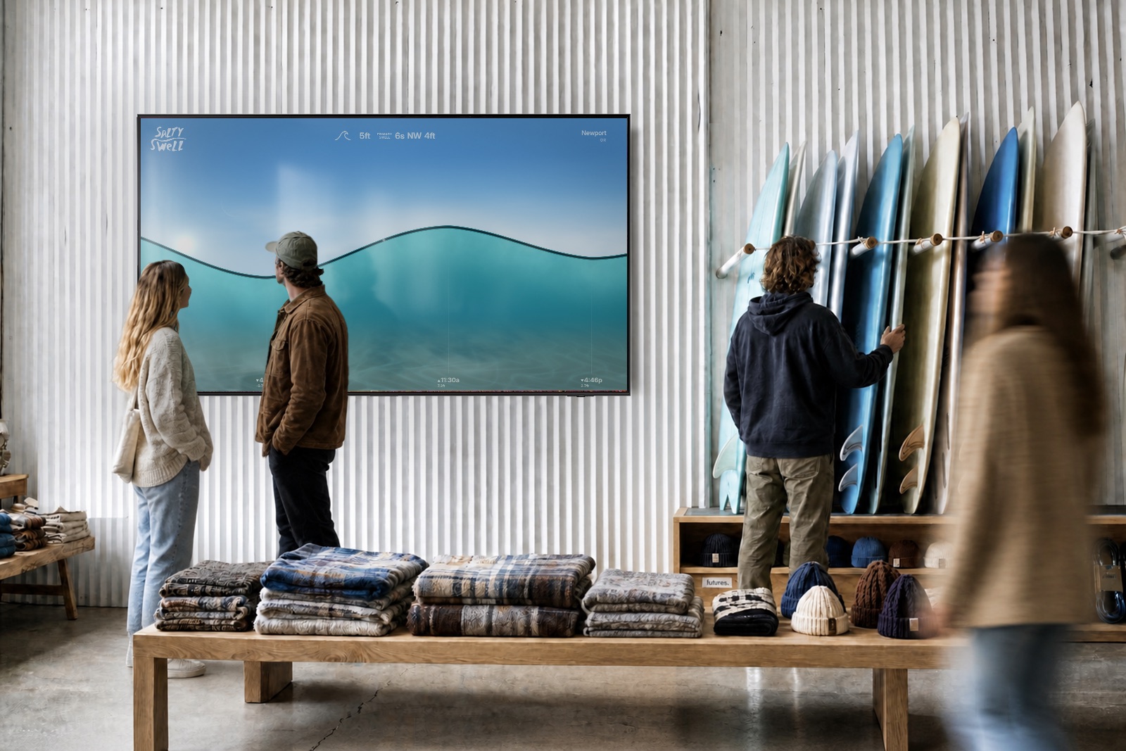 Guests gathering around an OurBeach display showing live coastal conditions