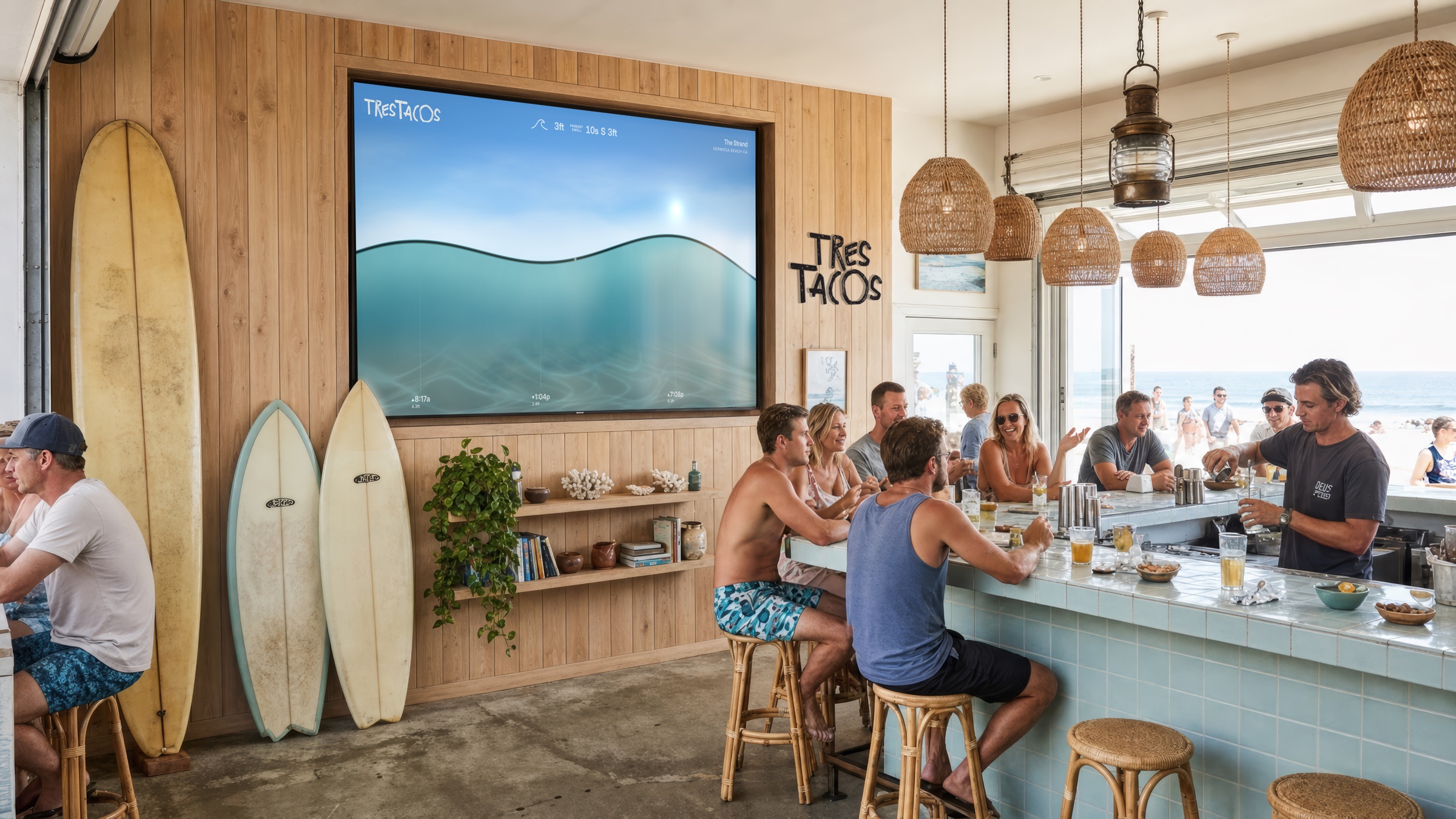 Guests at Tres Tacos with an OurBeach display on the wall